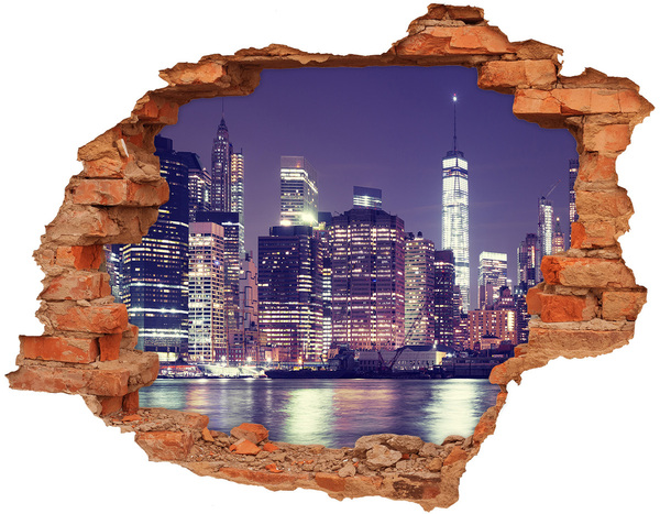 Grote 3D muursticker gat in de muur De skyline van New York 's nachts