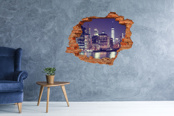 Grote 3D muursticker gat in de muur De skyline van New York 's nachts