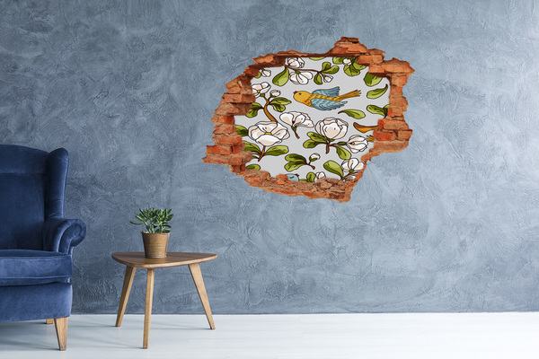 Vinyl muursticker 3D breekeffect Bloemenparadijs met een vogel