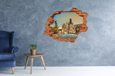 Grote 3D muursticker gat in de muur Praag in het licht van de zonsondergang