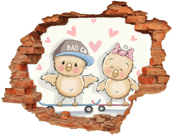 Vinyl muursticker 3D breekeffect Schattige vogeltjes op een skateboard