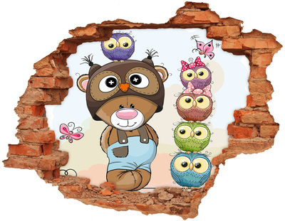 Grote 3D muursticker gat in de muur Schattige teddybeer met uilen