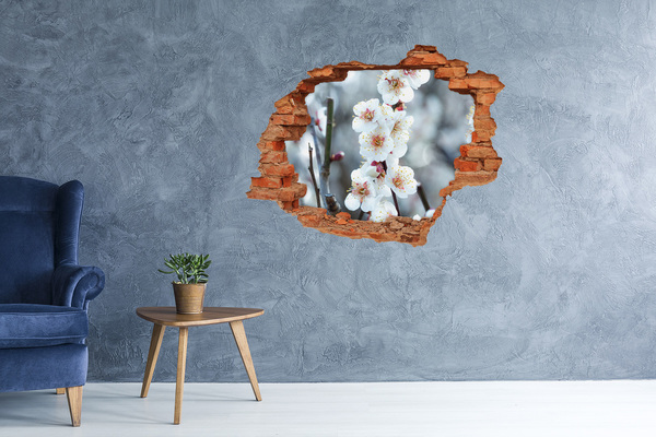 Vinyl muursticker 3D breekeffect Lentebloemen door een gat in de muur