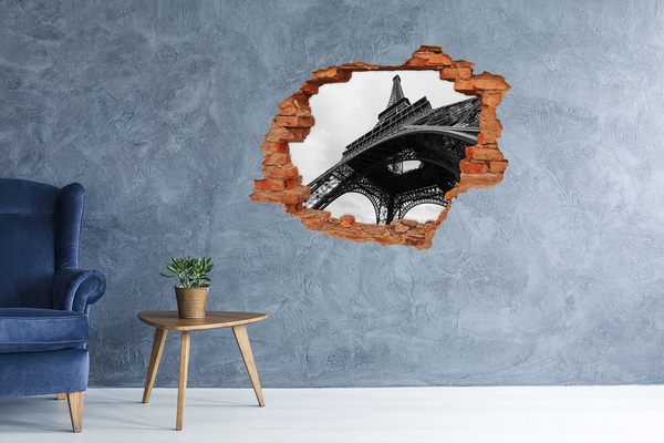 Grote 3D muursticker gat in de muur De Eiffeltoren in een monochrome setting