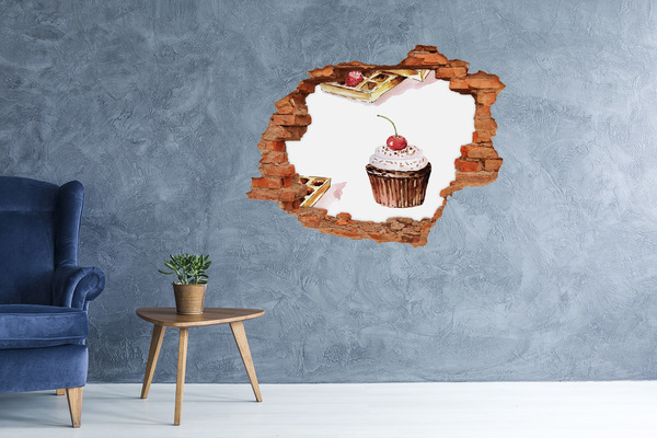 Grote 3D muursticker gat in de muur Heerlijke cupcake met een kers
