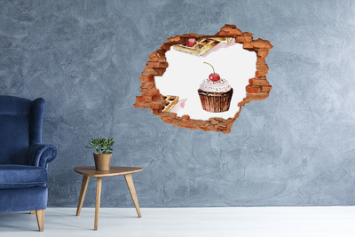 Grote 3D muursticker gat in de muur Heerlijke cupcake met een kers