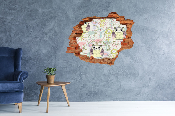 Grote 3D muursticker gat in de muur Gat in de muur met een uil en bloemen