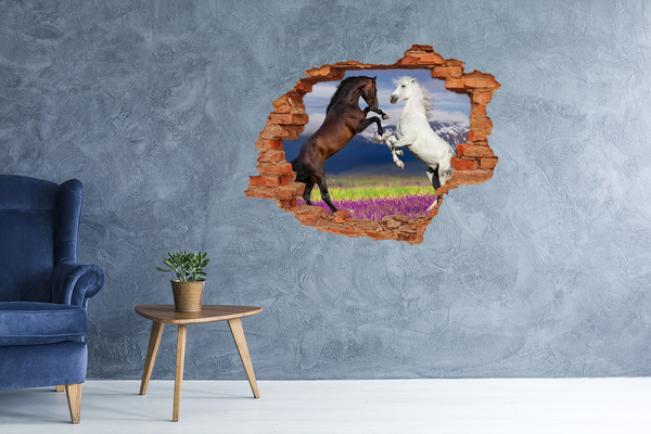 Grote 3D muursticker gat in de muur Paarden die over de muur springen