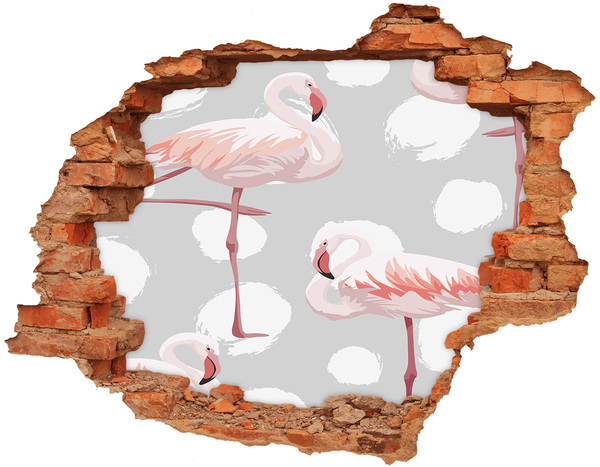 Grote 3D muursticker gat in de muur Roze flamingo's in een gat in de muur