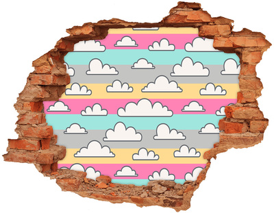 Grote 3D muursticker gat in de muur Kleurrijke wolken op een gestreepte achtergrond