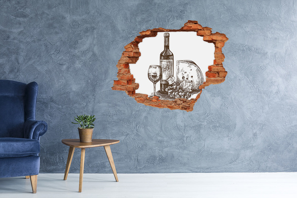 Vinyl muursticker 3D breekeffect Wijn en kaas tegen de achtergrond van een beschadigde muur.