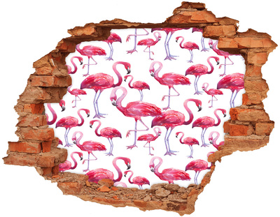 Grote 3D muursticker gat in de muur Roze flamingo's in een tropische stijl