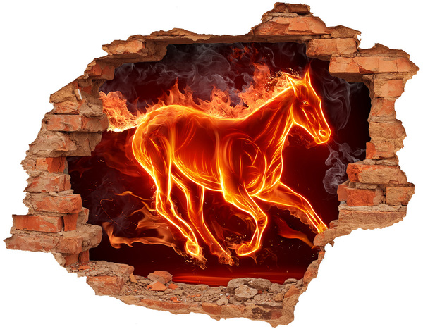 Vinyl muursticker 3D breekeffect Burning Horse in a Hole in the Wall