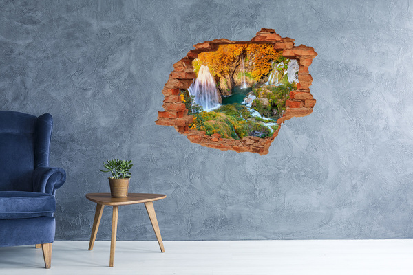Grote 3D muursticker gat in de muur Watervallen in het herfstlandschap