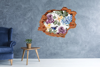Grote 3D muursticker gat in de muur Bloemenparadijs met een vogel
