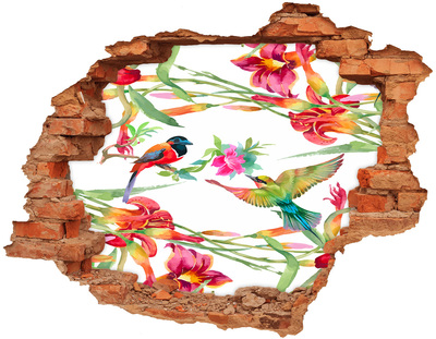 Grote 3D muursticker gat in de muur Een tropisch paradijs met vogels en bloemen.