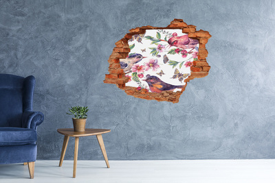 Grote 3D muursticker gat in de muur Een bloemenparadijs met vogels en vlinders.