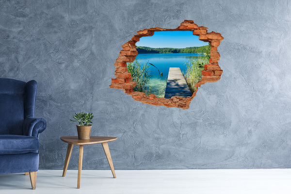 Grote 3D muursticker gat in de muur Een baai met een houten pier