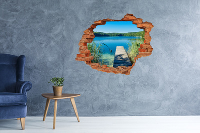 Grote 3D muursticker gat in de muur Een baai met een houten pier