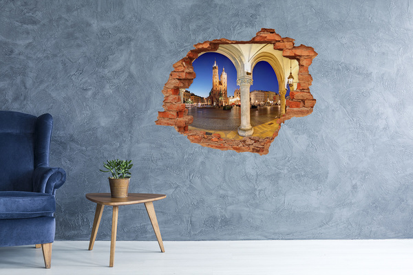 Vinyl muursticker 3D breekeffect Het centrale marktplein van Krakau 's nachts