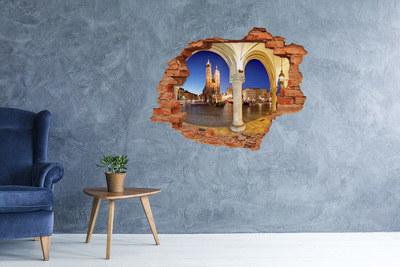 Vinyl muursticker 3D breekeffect Het centrale marktplein van Krakau 's nachts