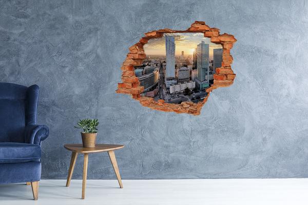 Grote 3D muursticker gat in de muur Uitzicht op de stad bij zonsondergang