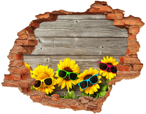 Grote 3D muursticker gat in de muur Zonnebloemen met zonnebrillen
