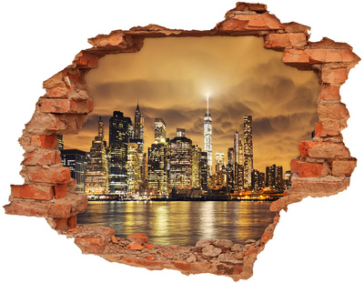 Grote 3D muursticker gat in de muur De skyline van New York 's nachts