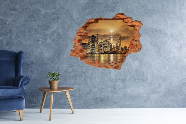 Grote 3D muursticker gat in de muur De skyline van New York 's nachts