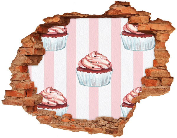 Vinyl muursticker 3D breekeffect Cupcake in een gat in de muur