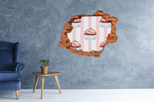 Vinyl muursticker 3D breekeffect Cupcake in een gat in de muur