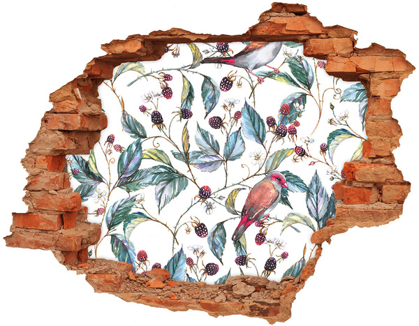 Grote 3D muursticker gat in de muur Een vogel tussen de bramen