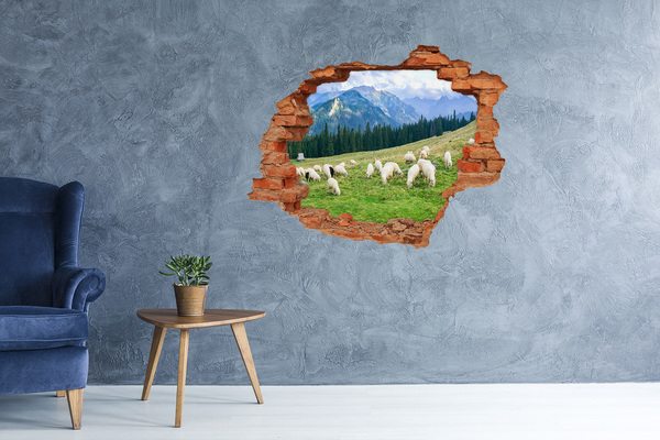 Vinyl muursticker 3D breekeffect Berglandschap met schapen