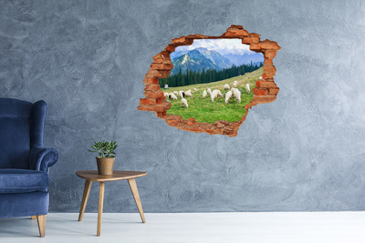 Vinyl muursticker 3D breekeffect Berglandschap met schapen