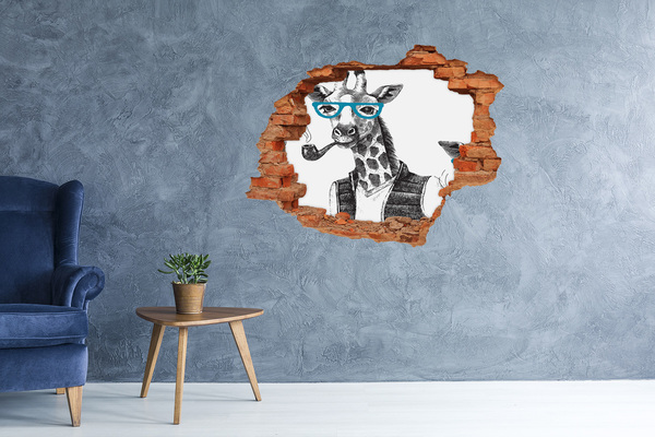 Vinyl muursticker 3D breekeffect Giraffe met bril en pijp