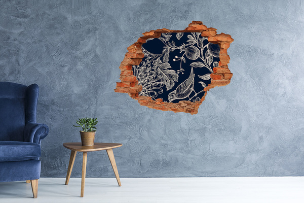 Grote 3D muursticker gat in de muur Een vogel tegen de achtergrond van vegetatie