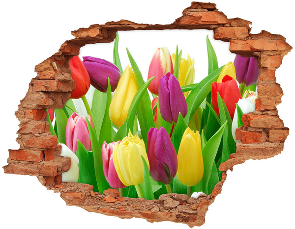 Grote 3D muursticker gat in de muur Een bloemenparadijs met tulpen.