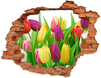 Grote 3D muursticker gat in de muur Een bloemenparadijs met tulpen.