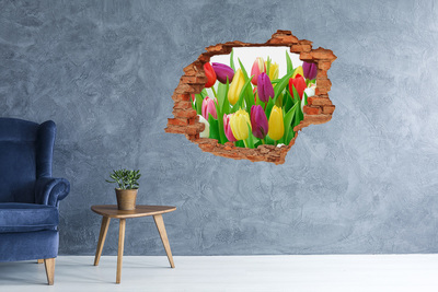 Grote 3D muursticker gat in de muur Een bloemenparadijs met tulpen.