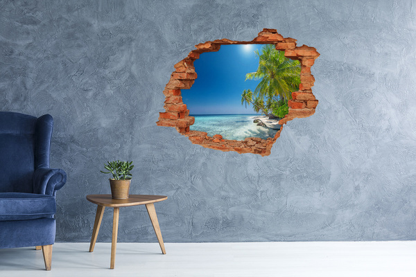 Grote 3D muursticker gat in de muur Tropisch strand met palmbomen