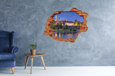 Grote 3D muursticker gat in de muur Een kasteel aan de rivier in het nachtelijke landschap