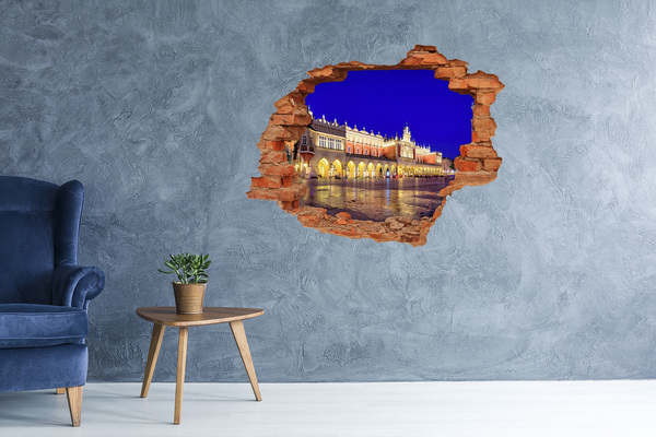 Grote 3D muursticker gat in de muur Het Grote Marktplein van Krakau 's nachts