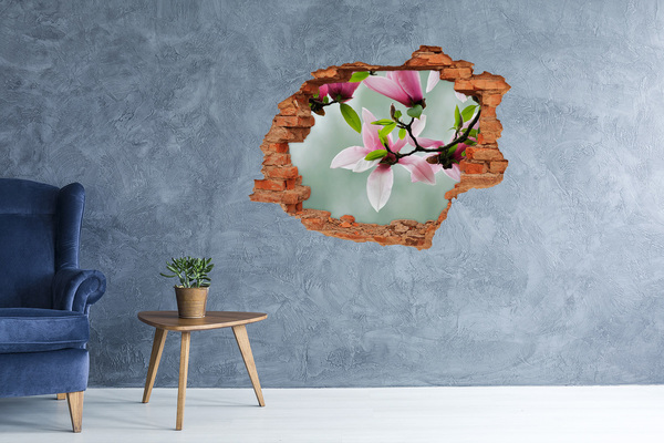 Vinyl muursticker 3D breekeffect Magnoliabloemen in een beschadigde muur