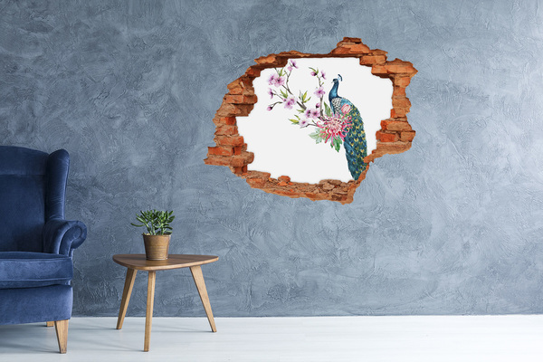 Grote 3D muursticker gat in de muur Pauw tussen de bloemen