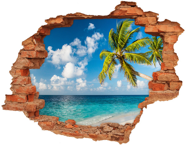 Grote 3D muursticker gat in de muur Tropisch strand met een palmboom