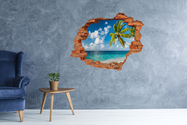 Grote 3D muursticker gat in de muur Tropisch strand met een palmboom