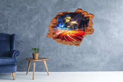 Grote 3D muursticker gat in de muur Een stad in beweging 's nachts