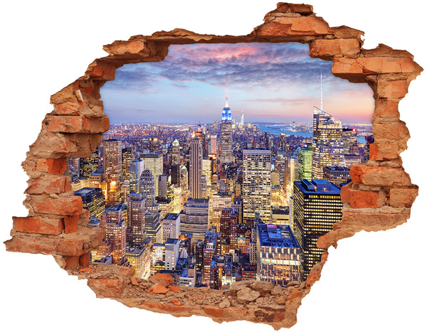 Grote 3D muursticker gat in de muur De skyline van New York 's nachts