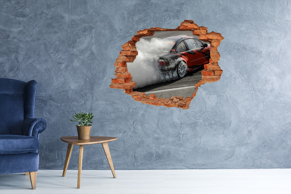 Vinyl muursticker 3D breekeffect Raceauto in actie