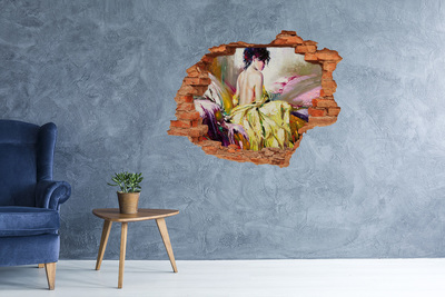 Grote 3D muursticker gat in de muur Vrouw in een gele jurk